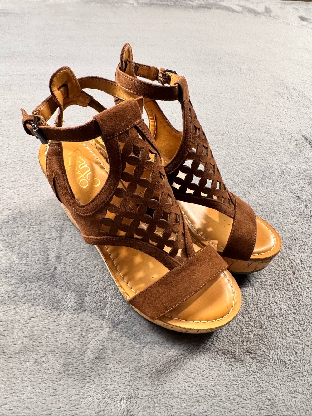 Franco Sarto Cameron Brown Laser-Cut Wedge Sandals